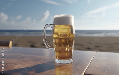 A glass of lager beer on table on a summer beach bar background light beer illustration Generative AI