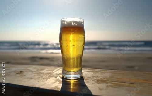 A glass of lager beer on table on a summer beach bar background light beer illustration Generative AI