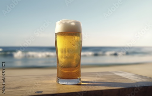 A glass of lager beer on table on a summer beach bar background light beer illustration Generative AI