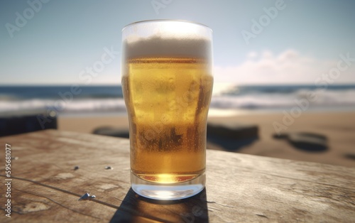 A glass of lager beer on table on a summer beach bar background light beer illustration Generative AI