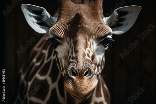Closeup of giraffe's adorable head gazing directly into camera. Generative AI
