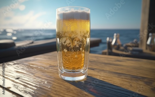 A glass of lager beer on table on a summer beach bar background light beer illustration Generative AI