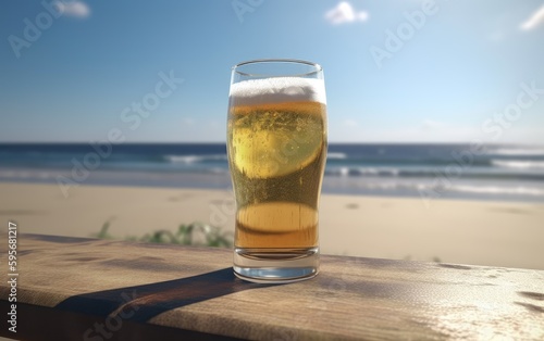 A glass of lager beer on table on a summer beach bar background light beer illustration Generative AI