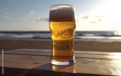 A glass of lager beer on table on a summer beach bar background light beer illustration Generative AI