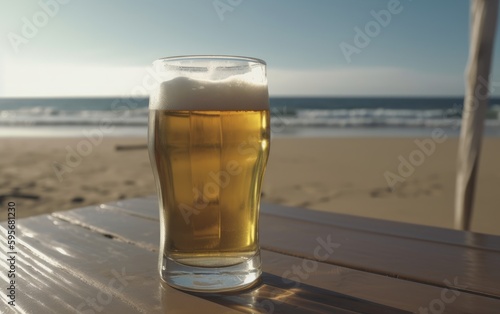 A glass of lager beer on table on a summer beach bar background light beer illustration Generative AI