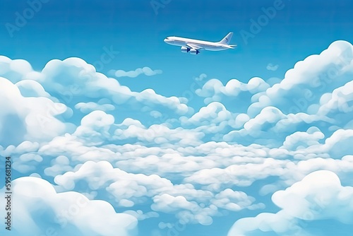 Illustration of an airplane soaring through a bright blue sky filled with fluffy clouds. Generative AI