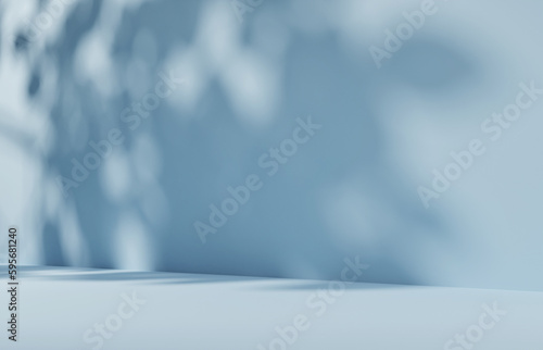3D background on natural tree leaf shadow pastel blue color. Nature product promotion Beauty cosmetics  display.  Minimal showcase 3D render advertisement.
