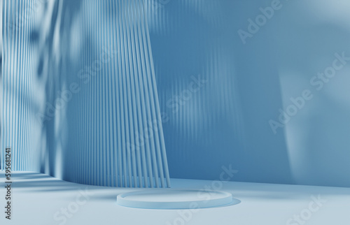 3D background on natural tree leaf shadow pastel blue color. Nature product promotion Beauty cosmetics  display.  Minimal showcase 3D render advertisement.