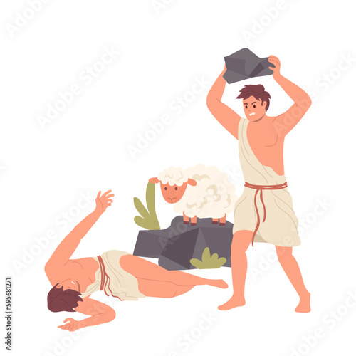 Cain killing Abel first murder scene isolated on white background, Christian bible character