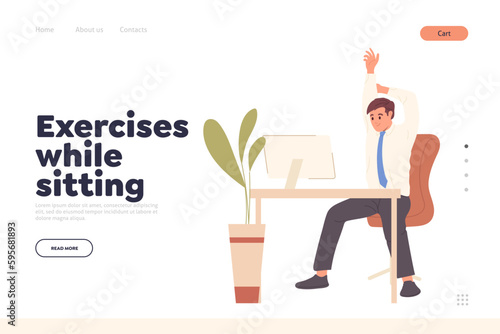 Exercise while sitting landing page design template for website offering office workout for body
