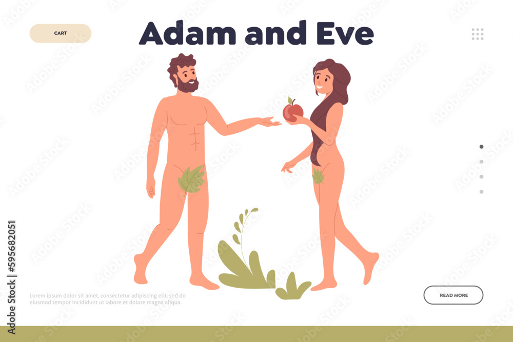Adam and Eve landing page design template, forbidden apple fruit concept for website banner