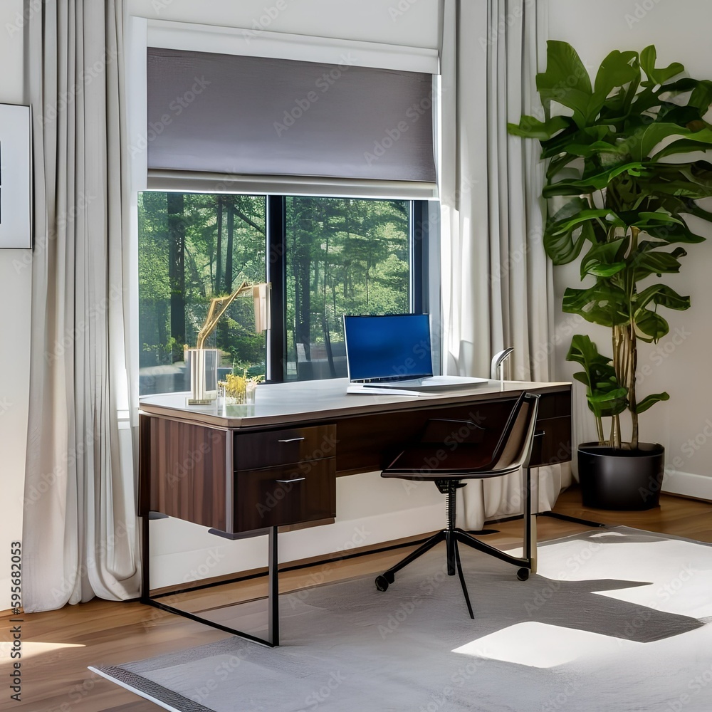 Fototapeta premium 4 A home office with a large desk, comfortable chair, and plenty of natural light5, Generative AI