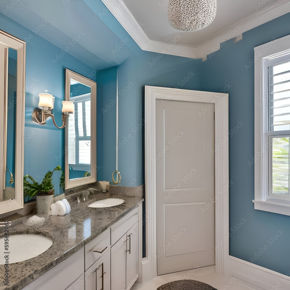7 A coastal-themed bathroom with light blue walls, seashell accents, and a nautical mirror2, Generative AI 7 A coastal-themed bathroom with light blue walls, seashell accents, and a nautical mirror2, Generative AI
