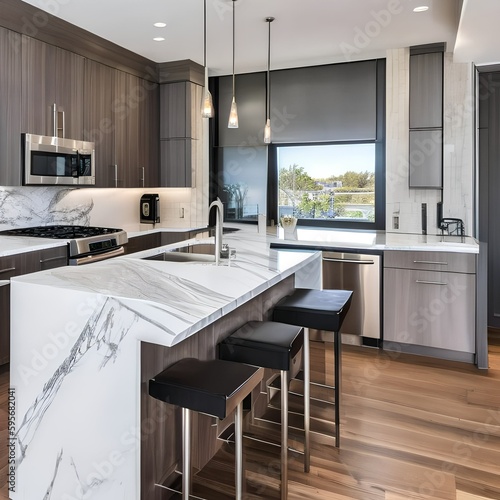 3 A modern kitchen with stainless steel appliances, marble countertops, and a sleek design5, Generative AI © Ai.Art.Creations