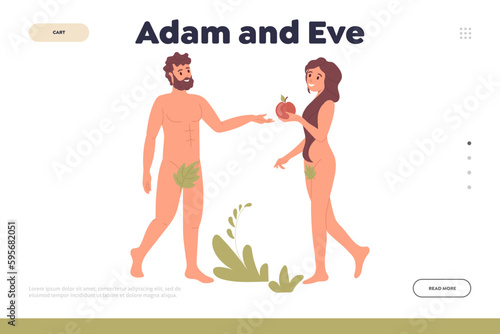 Adam and Eve landing page design template, forbidden apple fruit concept for website banner
