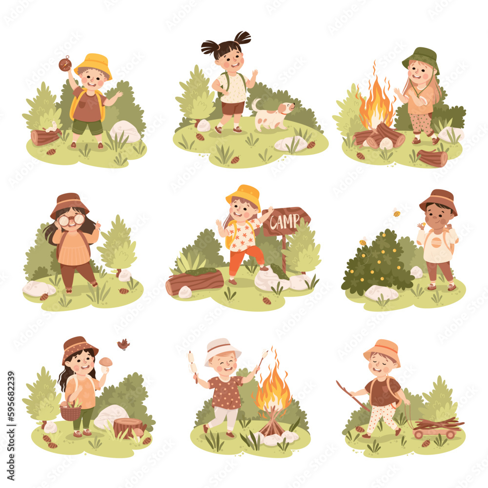 Cute Children with Backpack Hiking and Trekking Exploring Nature Vector Illustration Set
