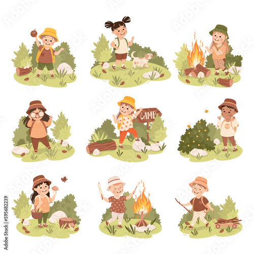 Cute Children with Backpack Hiking and Trekking Exploring Nature Vector Illustration Set