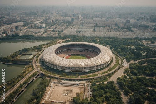 Aerial view of Jakarta's stunning international stadium with the city skyline in the background. Date: March 8th, 2022. Location: Indonesia. Generative AI