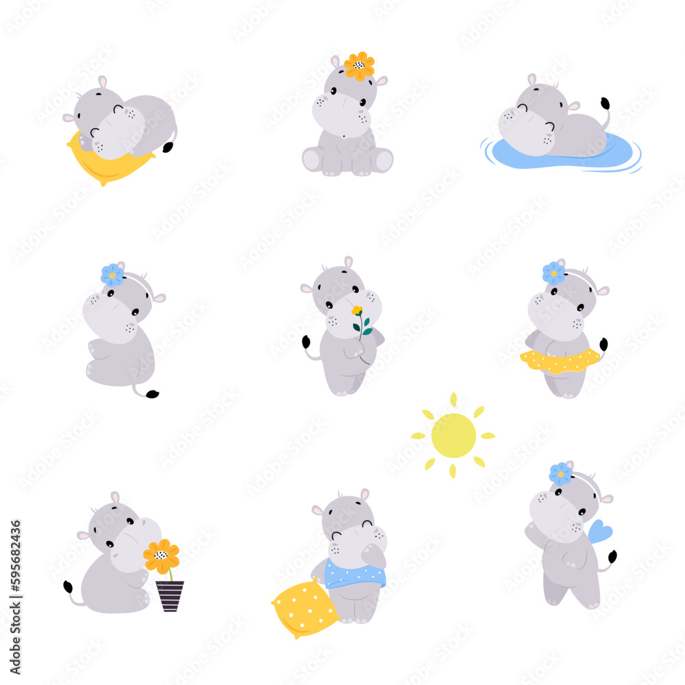 Cute Hippo Character Engaged in Different Activity Vector Set Cute Hippo Character Engaged in Different Activity Vector Set