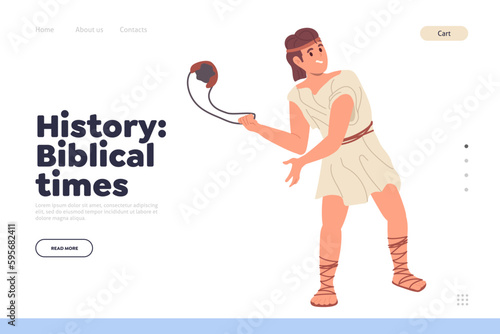 History biblical times landing page design template with brave young David fighting against Goliath