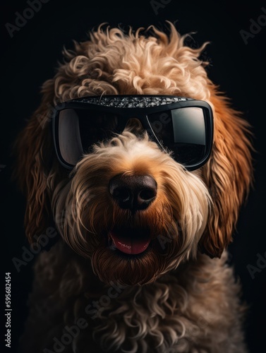 closeup portrait of a happy Goldendoodle with snowboard goggles outdoor. AI generative