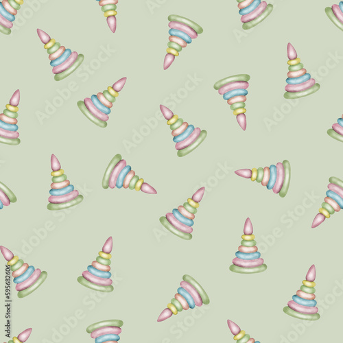 Watercolor drawing. Seamless pyramid pattern. Children's party, toys, baby shower, birthday. Illustration for fabric, paper, gift design, cards and packaging.