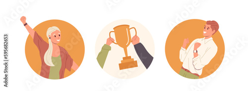 Round frame icons isolated set with happy successful people and trophy cup golden goblet in hands