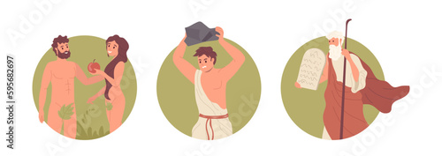Round frame icon isolated set with different Bible characters from christian narrative stories