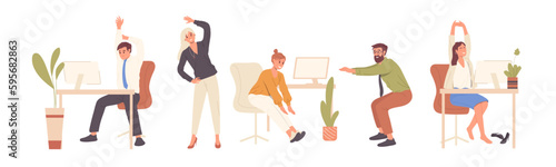 Set of people office worker doing active physical exercises during break time to get rest and relax