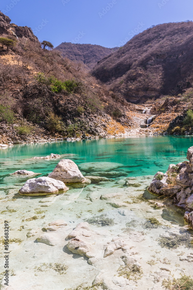 Wadi Darbat Valley, one of the most beautiful and picturesque places of nature in the Dhofar region in the Sultanate of Oman.