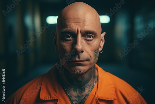 Prisoner in an Orange Suit sitting in prison. Generative Ai photo