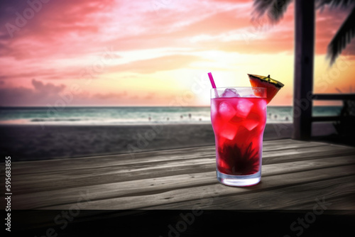 Tropical cocktail at the sunset beach. Generative AI