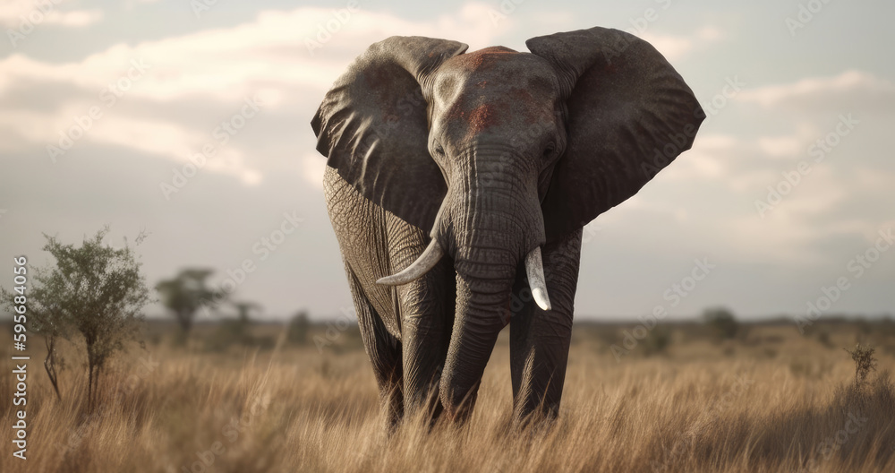 Fototapeta premium An elephant walks through a field with trees savannah in background african wildlife Generative AI
