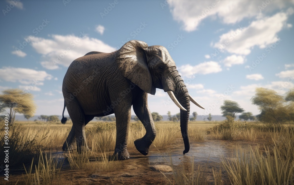 Fototapeta premium An elephant walks through a field with trees savannah in background african wildlife Generative AI