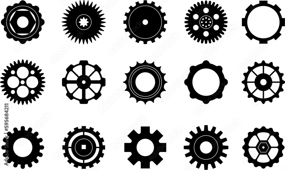 Gears black icons, industry gear circle. Produce process, industry mechanical wheels. Cogwheel elements, machinery cogs decent vector silhouettes - obrazy, fototapety, plakaty 