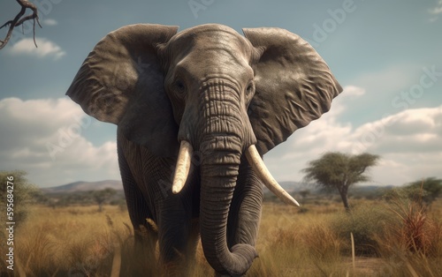An elephant walks through a field with trees savannah in background african wildlife Generative AI © mureli