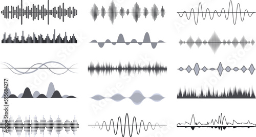 Radio music waves designs, analog audio signal. Track or sound, musical wave vibrations. Voice recognition digital monochrome decent vector symbols