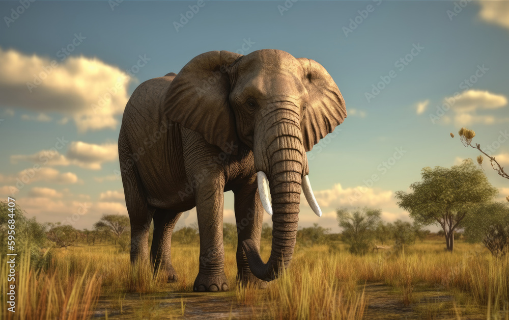 Fototapeta premium An elephant walks through a field with trees savannah in background african wildlife Generative AI