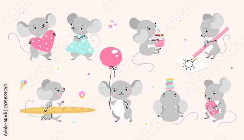 Mouse cartoon characters. Cute mice stylized, rats in different poses. Isolated childish animals creatures, funny comic rat playing nowaday vector clipart