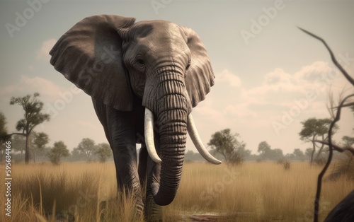 An elephant walks through a field with trees savannah in background african wildlife Generative AI