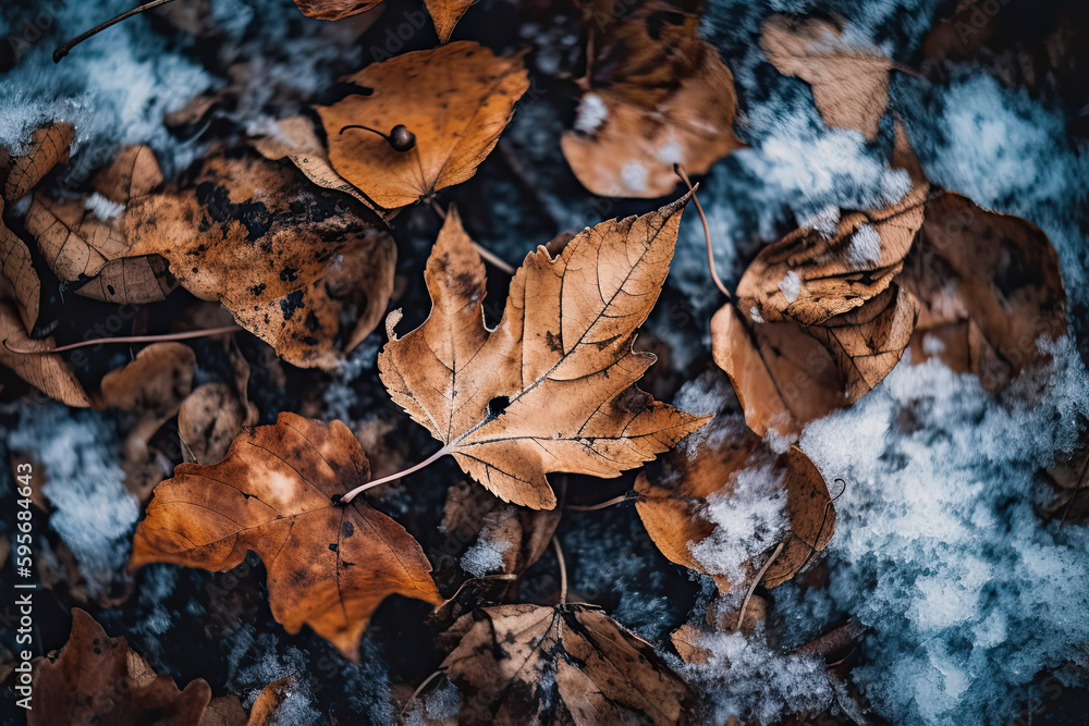 Light brown leaves on snow created with Generative AI