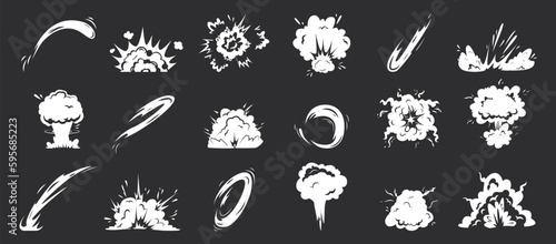 Explosion cartoon comic effect, white sparks of power lightning. Smoking fog, energy dust or tail of rocket. Steam clouds, snugly vector clipart