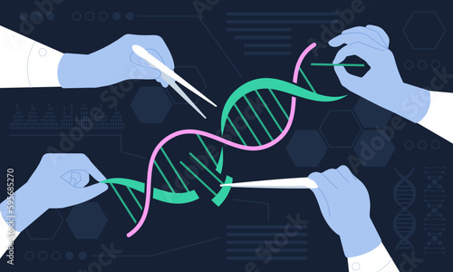 Genetic engineering concept, baby genetics edit. Human dna crispr editing, biotechnology gene analysis. Scientist experiment, decent vector scene