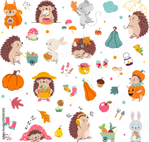 Hello autumn elements. Cartoon mushroom, pumpkin and animals. Hedgehog, bunny and cute fox. Harvest time, cozy fall nowaday vibrant vector clipart