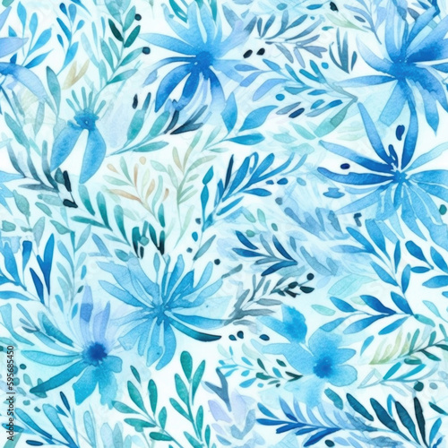 Light blue floral watercolor seamless pattern. Generative AI background