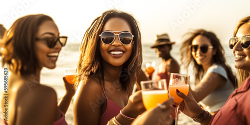 Happy friends partying on the beach with drinks. Happy young people having fun at beach party, celebrating. Summer vacations, lifestyle beverage concept. digital ai