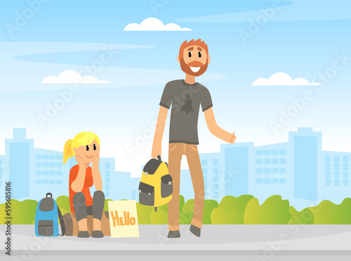 Couple of hitchhikers traveling by hitchhiking. Tourists in summer casual clothes with backpacks waiting for car vector illustration