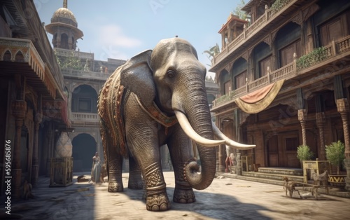 An elephant walking on an Indian city elephant wallpaper Generative AI © mureli