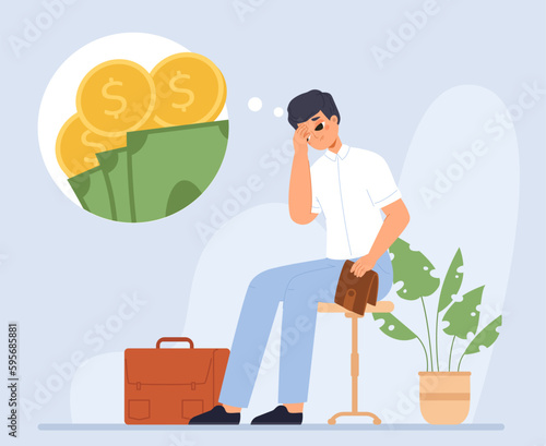 Desperate office man and financial problem. Business loans, young adult businessman think about money with empty wallet, snugly cartoon vector character