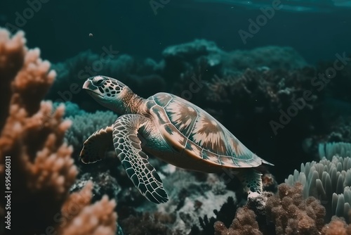 green sea turtle gracefully swimming among vibrant coral reef. Generative AI © AkuAku